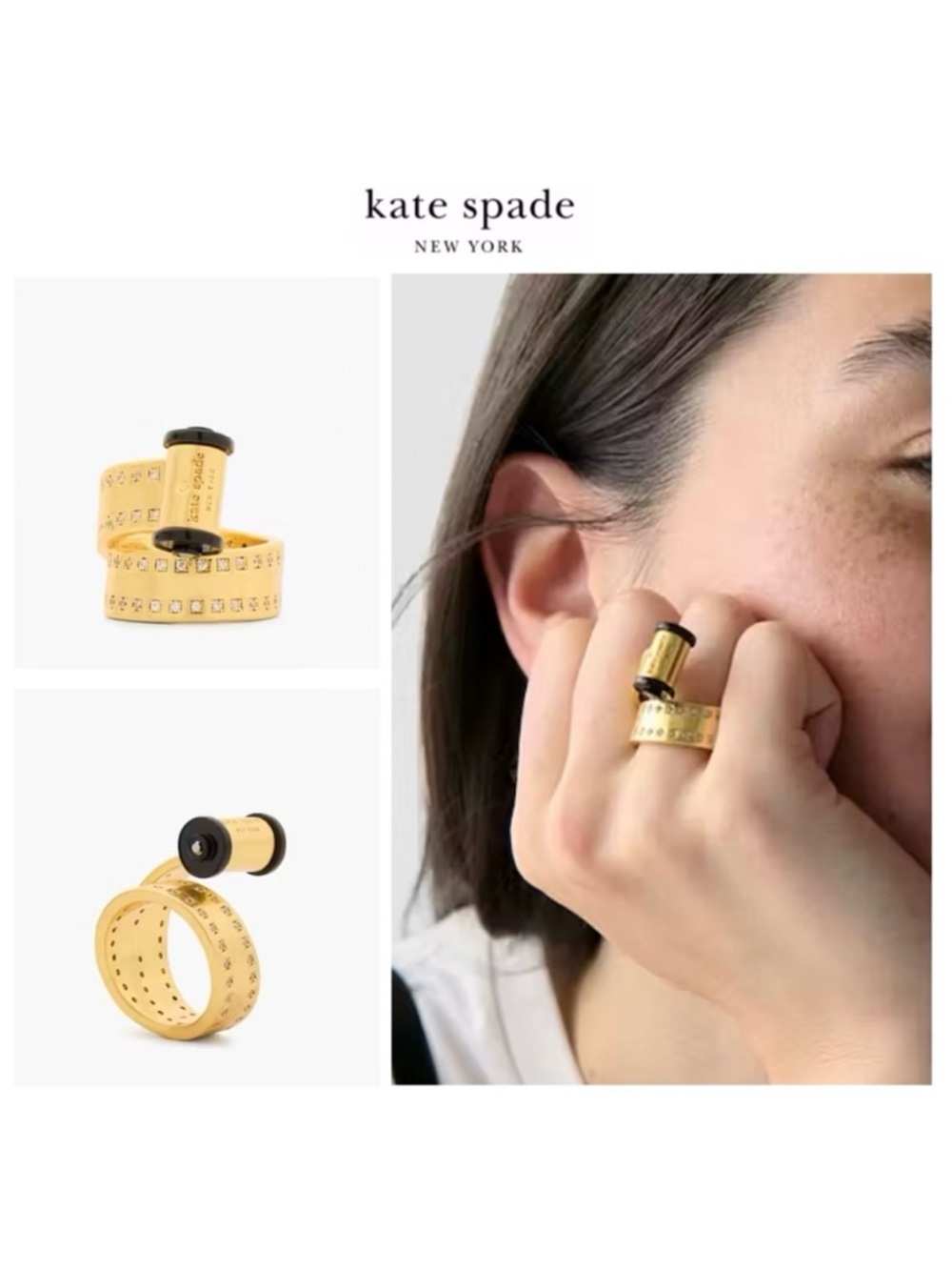 NWT Kate Spade ♠️ROLL OF FILM STRIP 12-K Matte Gold Plated CZ Crystal Ring